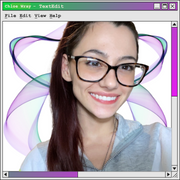 Profile picture of me with glasses, hair in a ponytail over a Windows95-style border